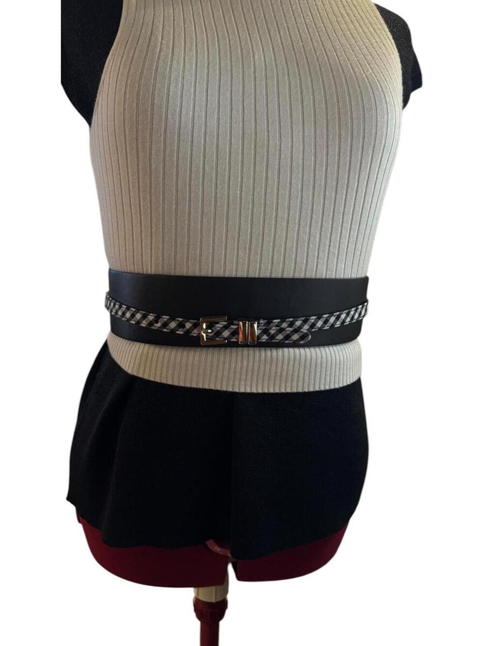 White House Black Market Black & White Gingham Stretch Belt Sz M Gold Leather